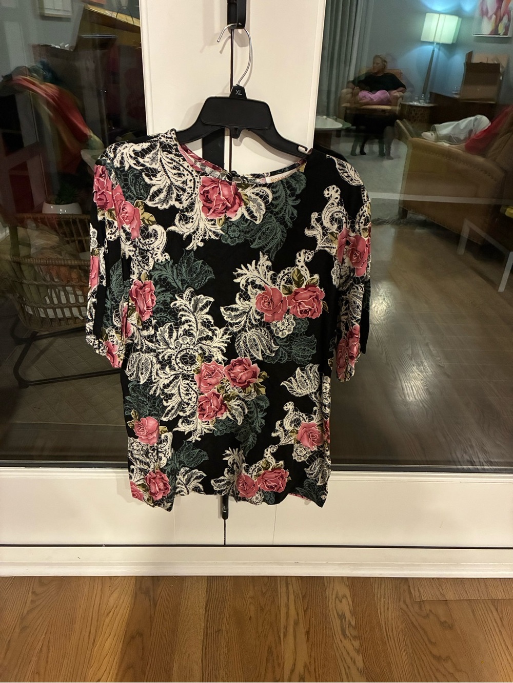 Black Floral Short-Sleeve Women’s Top with Pink Roses